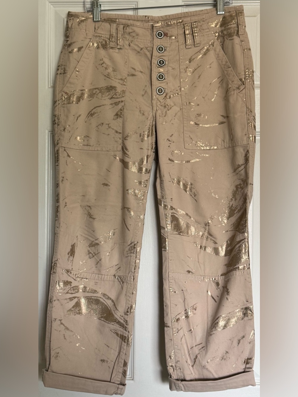 Anthropologie Beige Cargo Pants with Gold Foil Accents